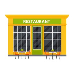 Vector flat design restaurants exterior and shops facade: book store, barber shop, supermarket, coffee. Store front window buildings icons isolated on white background. - 516216497