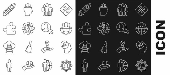 Set line Project team base, Human head with lamp bulb, Globe and people, Users group, Gear dollar symbol, Piece of puzzle, Rocket ship fire and in business suit icon. Vector