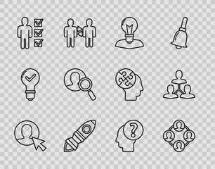 Set line User of man in business suit, Project team base, Human head with lamp bulb, Rocket ship fire, Magnifying glass for search people, question mark and icon. Vector