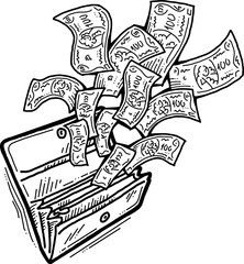 Money cash flying into and out of wallet. Income transfer, currency revenue, inflation and deflation, finance and business theme. Hand drawing vector illustration. Cartoon style line drawing.