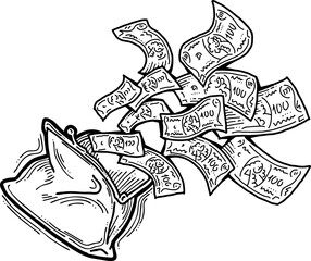 Money cash flying into and out of wallet. Income transfer, currency revenue, inflation and deflation, finance and business theme. Hand drawing vector illustration. Cartoon style line drawing.