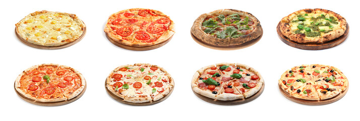 Set with different delicious pizzas on white background. Banner design