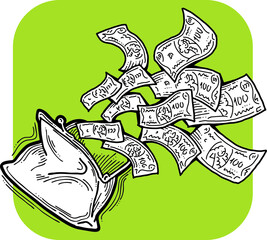 Money cash flying into and out of wallet. Income transfer, currency revenue, inflation and deflation, finance and business theme. Hand drawing vector illustration. Cartoon style line drawing.