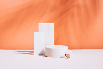 Abstract podium various geometric shapes and materials, stone glass, bright coral empty background,