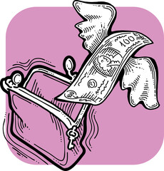 Money cash flying into and out of wallet. Income transfer, currency revenue, inflation and deflation, finance and business theme. Hand drawing vector illustration. Cartoon style line drawing.