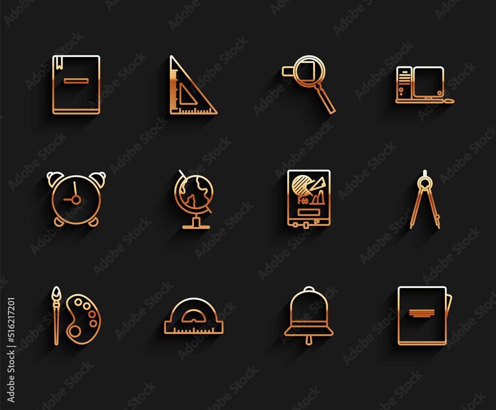 Poster set line paint brush with palette, protractor grid for measuring degrees, notebook, ringing bell, ea
