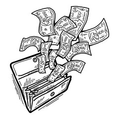 Money cash flying into and out of wallet. Income transfer, currency revenue, inflation and deflation, finance and business theme. Hand drawing illustration. Cartoon style line drawing.