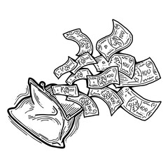 Money cash flying into and out of wallet. Income transfer, currency revenue, inflation and deflation, finance and business theme. Hand drawing illustration. Cartoon style line drawing.
