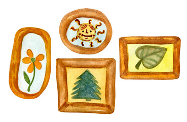 Watercolor set of funny drawings in a frame