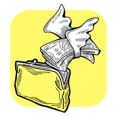 Money cash flying into and out of wallet. Income transfer, currency revenue, inflation and deflation, finance and business theme. Hand drawing illustration. Cartoon style line drawing.