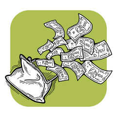 Money cash flying into and out of wallet. Income transfer, currency revenue, inflation and deflation, finance and business theme. Hand drawing illustration. Cartoon style line drawing.