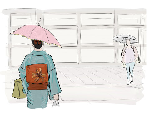 recommend clip art: Hand drawn illustration. A woman wearing a kimono walks with a parasol in Kyoto, Japan.
