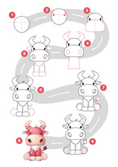 Cartoon character red animal cow - drawing tutorial