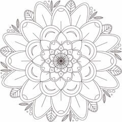 Coloring page for adult with stylized peony flower and leaves. For relaxation and meditation with drawing. Henna, tattoo template, t-shirts print.