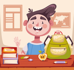 School children kid character sitting on table in classroom concept composition. Graphic design element illustration