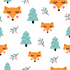Cute seamless pattern with fox and forest plants. Hand-drawn vector pattern. Animal print for fabric, bedding, stationery and baby clothes