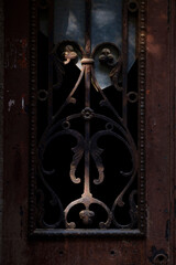 Old door decorative element with floral tracery and a broken window glass