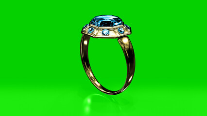 golden ring with blue topaz gem on chroma key screen, isolated, fictitious design - object 3D illustration