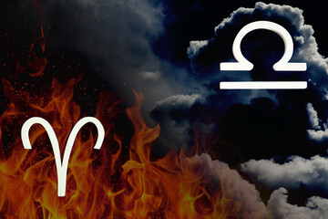 Símbolos astrológicos Aries- Libra sobre fondo alusivo a su elemento (fuego y aire). Signos astrológicos opuestos complementarios. Modalidad mutable, aire y fuego. Marte y Venus. 