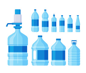 Set of Plastic Bottles, Cylinder With Tap And Pump, Containers For Clean Water And Beverages, Packaging for Mineral Aqua
