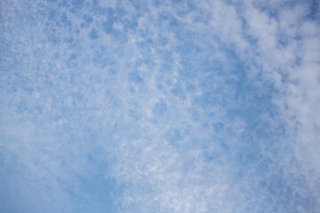 High blue sky. Rippled clouds. Heavenly heights. Sky background. The blue sky is covered with speckled clouds.