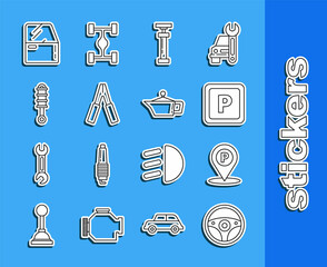 Set line Steering wheel, Location with parking, Parking, , Car battery jumper power cable, Shock absorber, door and Canister for motor machine oil icon. Vector