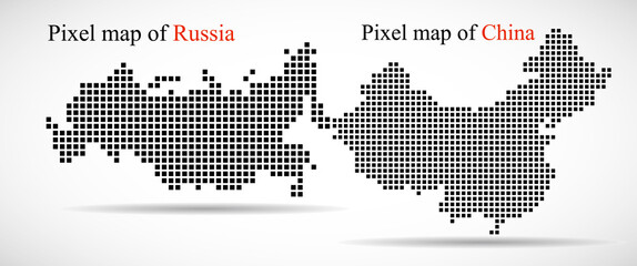 Fototapeta na wymiar Union Russia and China, maps with pixels. Vector illustration