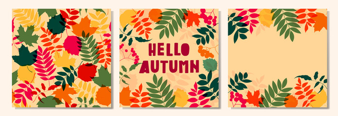 Set of floral frames isolated on the beige background. Cute colorful autumn leaves wreath perfect for wedding invitations and greeting cards. Fall concept, hello autumn.