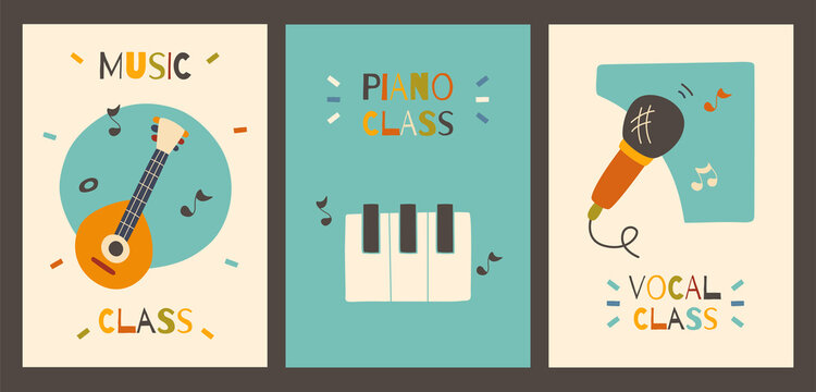 Set of kids flyers of music classes. Musical posters for children. Nursery posters with piano, guitarmicrophone. Printable collection. 