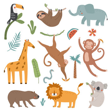 Set with cute animals sloth, giraffe, elephant, capybara, lion and monkey on a white background. Vector illustration for printing on fabric, wrapping paper, clothing. Cute baby background.
