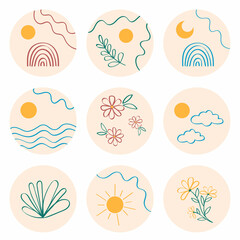 Hand-drawn Instagram highlight icons. Spring colorful set of Instagram icons. Icons for social networks.