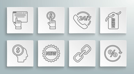 Set line Business man planning mind, Hand holding coin, Price tag with New, Chain link, Discount percent, Telephone 24 hours support, and Online shopping screen icon. Vector