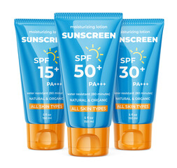 Sun protection lotion with SPF 30. Blue tube contaibers with sunscreen