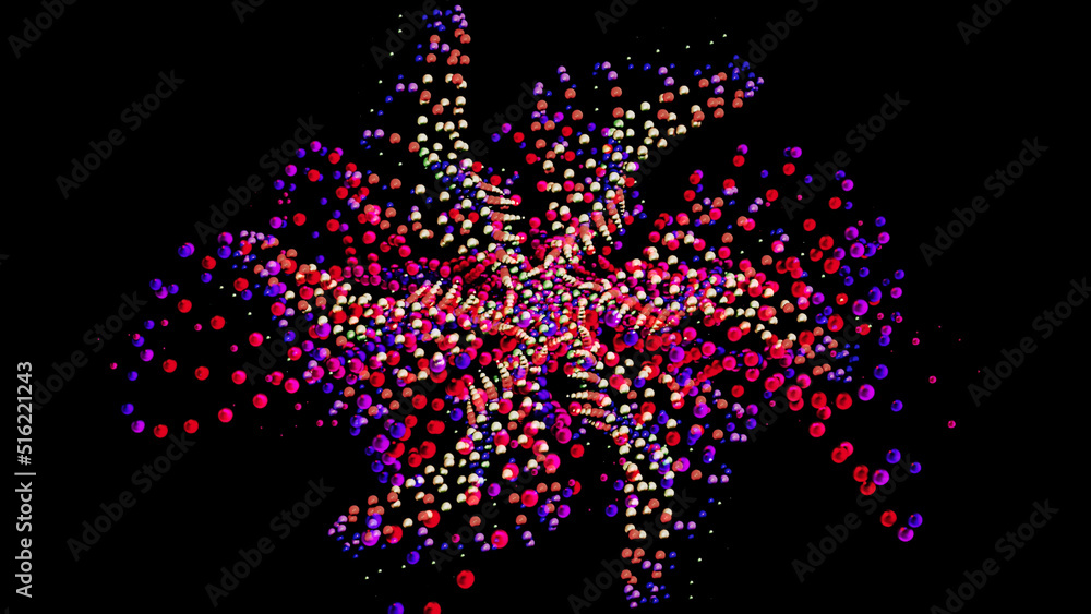 Poster abstract kaleidoscopic pattern with unusual 3d changing figures formed by small beads, seamless loop