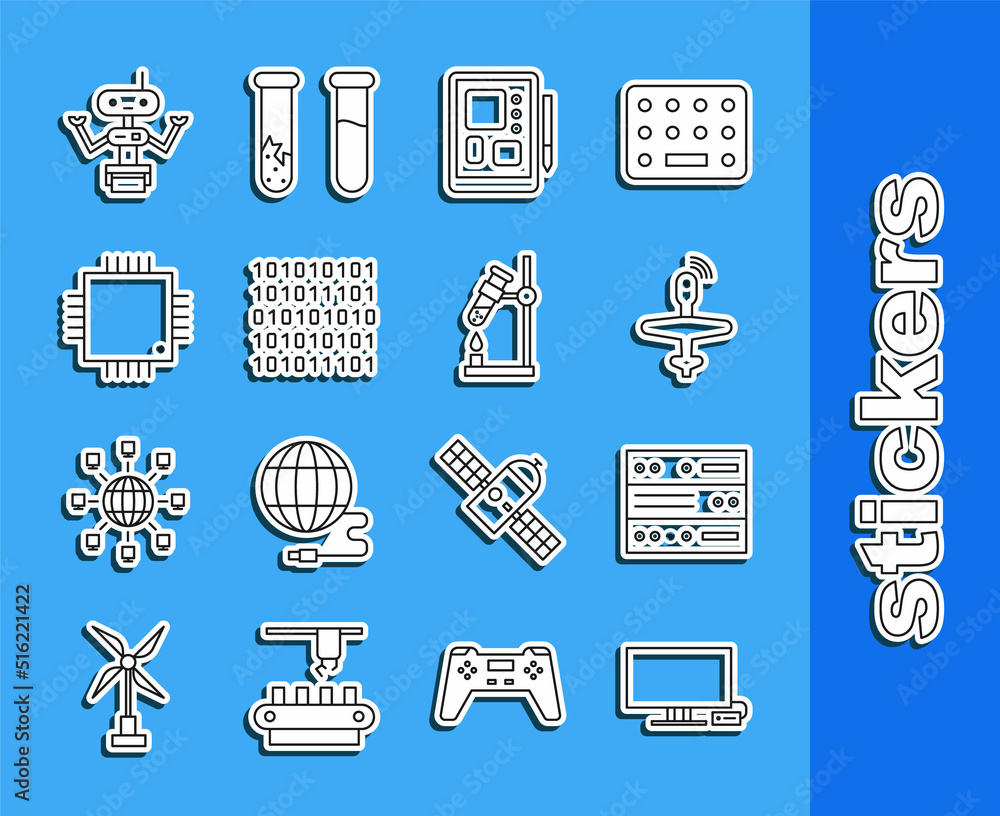 Poster set line smart tv, server, data, web hosting, uav drone, graphic tablet, binary code, processor with