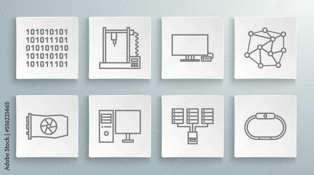 Poster set line video graphic card, 3d printer, computer monitor, server, data, web hosting, smartwatch, tv