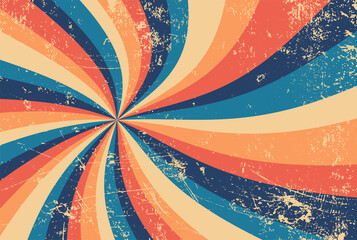 groovy retro starburst sunburst background pattern in grunge textured vintage color palette of blue orange and beige white with spiral or swirled radial striped design, old 60s hippy background vector - 516221423