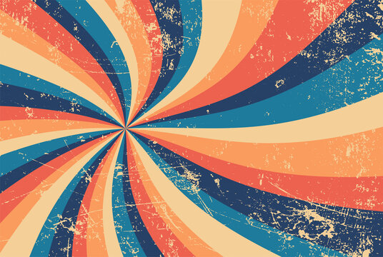 groovy retro starburst sunburst background pattern in grunge textured vintage color palette of blue orange and beige white with spiral or swirled radial striped design, old 60s hippy background vector