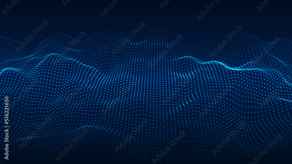 Aufkleber a moving digital 3d wave. futuristic dark background with dynamic blue particles. the concept of big