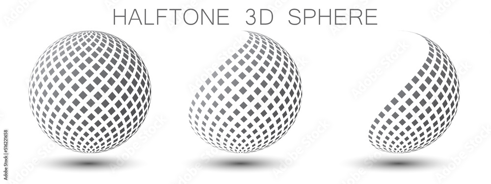 Poster halftone 3d sphere. abstract vector element made of black dots on a white background. logo with shad