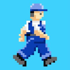 vector clip art of handyman cartoon character walking pixel style