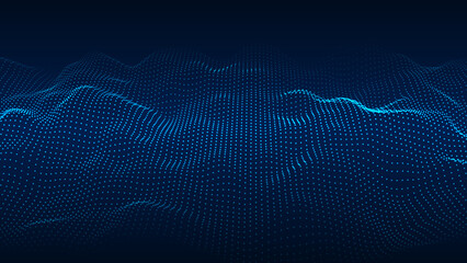 A moving digital 3d wave. Futuristic dark background with dynamic blue particles. The concept of big data. Cyberspace. Vector illustration.