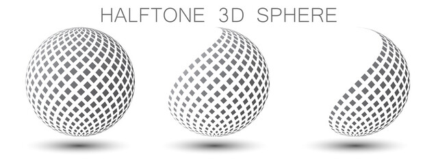 Halftone 3d sphere. Abstract vector element made of black dots on a white background. Logo with shadow.