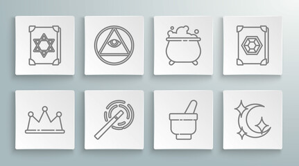 Set line Crown, Masons, Magic wand, mortar pestle, Moon stars, Witch cauldron, Ancient magic book and icon. Vector