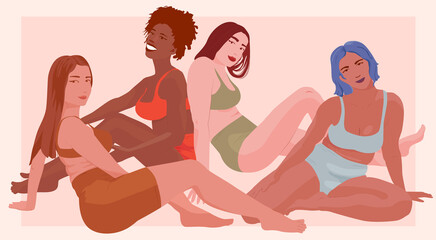 Positive girls of different physique and race. Self acceptance, feminism. The beauty of the female body. Self love. Flat vector illustration