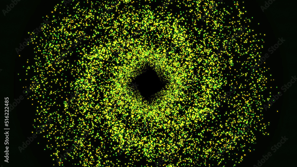 Poster abstract background with shining green bokeh sparkles forming a ring on black background. animation.