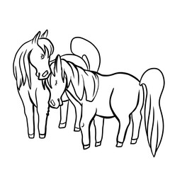 Horses graze in a meadow, a pair of horses, ponies, fabulous, cartoon characters, drawing, coloring for children