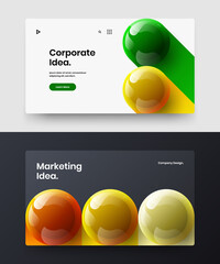 Vivid website screen vector design illustration collection. Fresh 3D spheres magazine cover template composition.