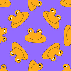 square vector seamless pattern - purple frog characters in hippie style.1970 good vibes.Funky and groovy 1970 trippy toad.Funky 1960 psychedelic ornament with anuran dude.Funny crazy quirky background