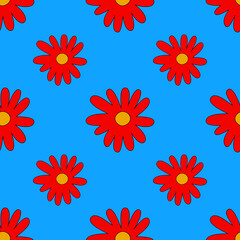 Fototapeta na wymiar square vector seamless pattern - flower in hippie style.1970 good vibes.Funky and groovy 1970 daisy flower.Funky 1960 psychedelic ornament with floral.Kidcore kawaii wallpaper and fabric.Floral naive 